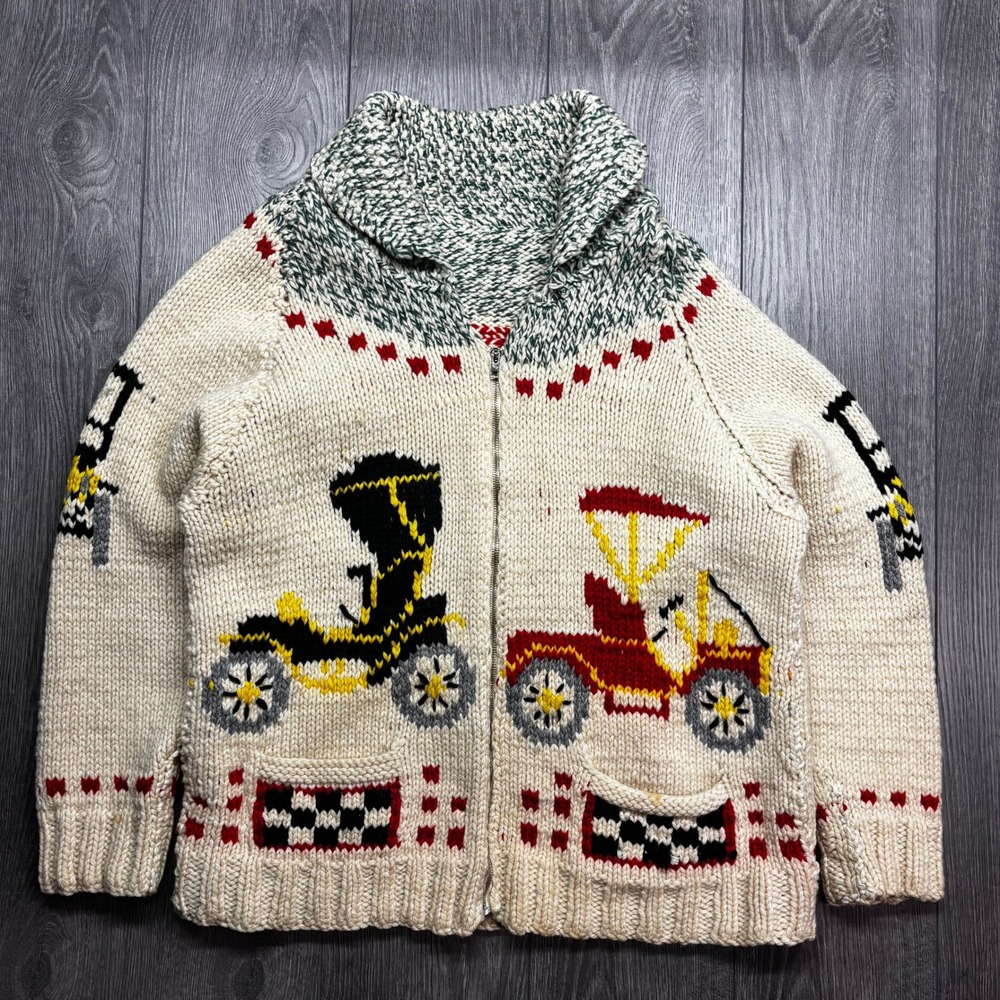 Vintage Wool Cowichan Style Large Sweater Zip Cardigan Antique Cars Cream